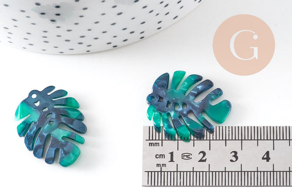 Pendentif acétate feuille monsterosa verte, perles plastique,connecteur feuille plastique 27mm, x2 (G5067)