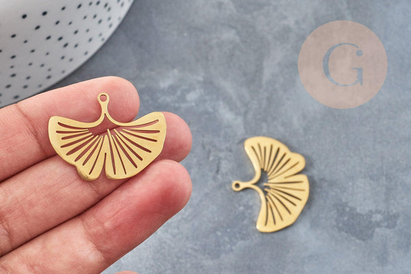 Pendentif acier 304 inoxydable doré feuille gingko 23mm, x1 (G6129)