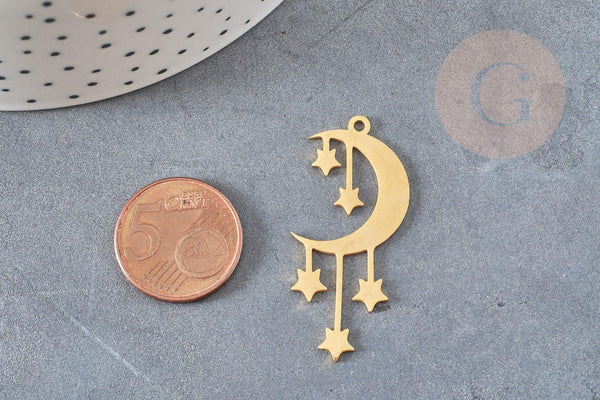 Pendentif acier 304 inoxydable doré lune et étoiles 41.5mm, x1 (G6153)