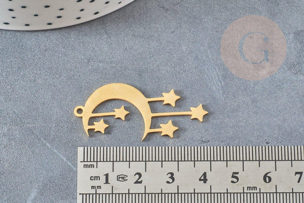 Pendentif acier 304 inoxydable doré lune et étoiles 41.5mm, x1 (G6153)