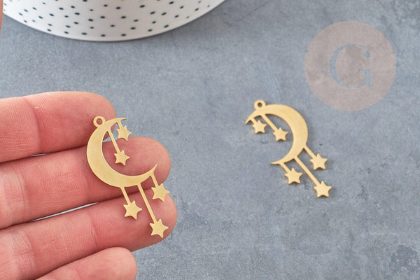 Pendentif acier 304 inoxydable doré lune et étoiles 41.5mm, x1 (G6153)