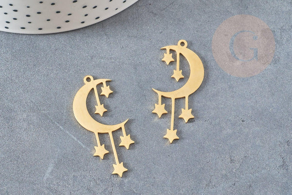 Pendentif acier 304 inoxydable doré lune et étoiles 41.5mm, x1 (G6153)
