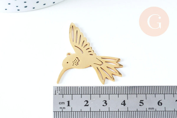 Pendentif acier doré 18K oiseau colibri 39.5mm, x1 (G6335)