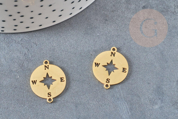 Pendentif acier dore boussole rose des ventes,breloque doré, acier inoxydable doré, pendentif sans nickel,23mm, x1 G4788