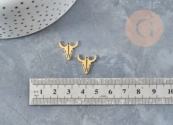 Pendentif acier doré inoxydable tête de vache 15mm, bijou acier hypoallergénique x1 (G4549)