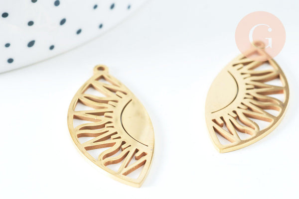 Pendentif acier inoxydable doré soleil 35mm, x1 (G6648)