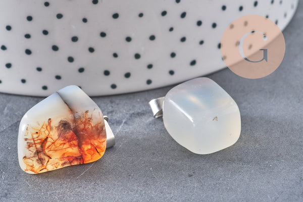 Pendentif agate naturelle support acier inoxydable platine 35mm,Pendentif bijoux pierre naturelle, x1 G5160