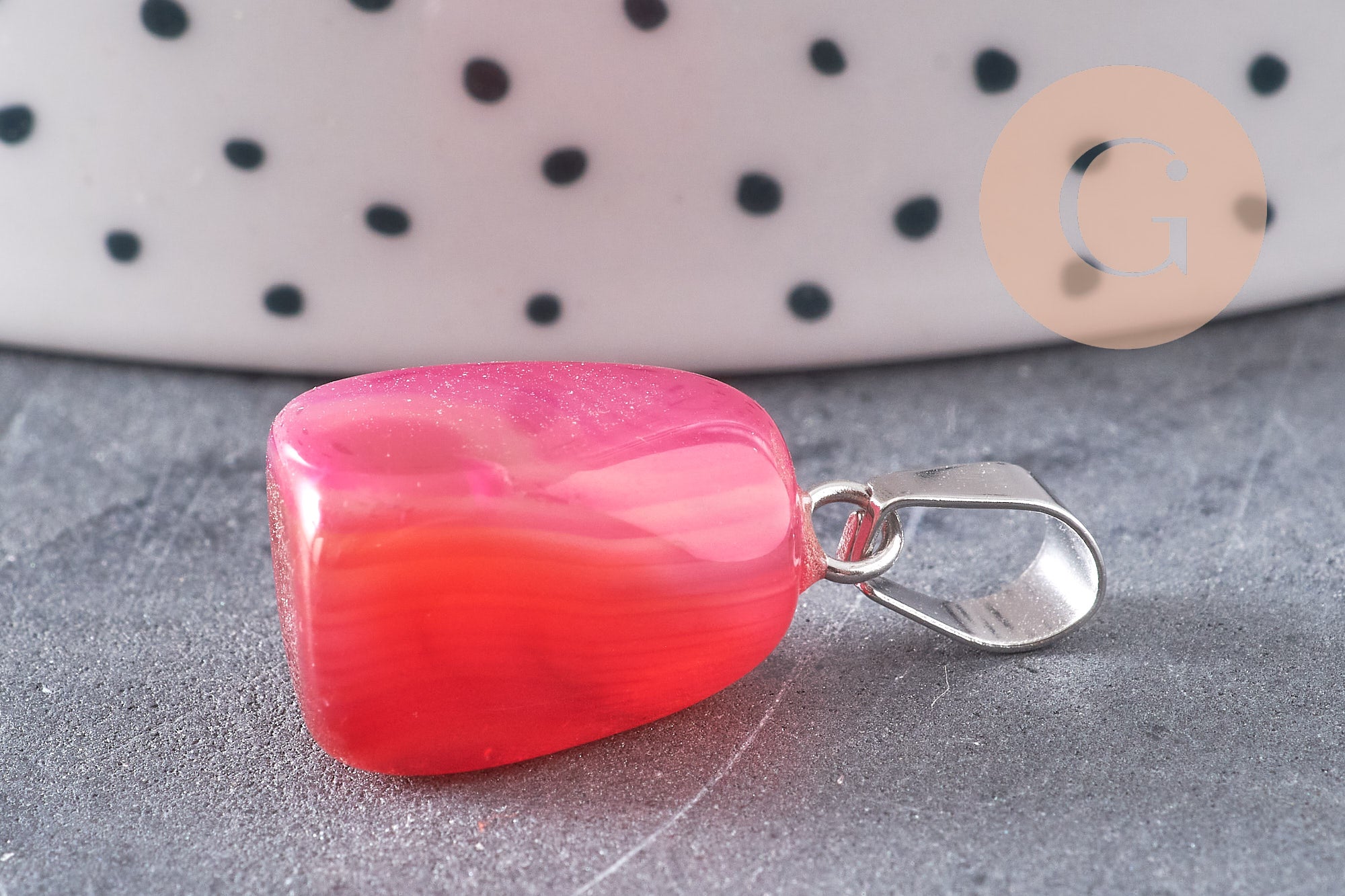 Pendentif agate rose rayée support acier argent, pendentif pierre, agate naturelle,création bijoux, pierre naturelle, 23mm, x1, G3901