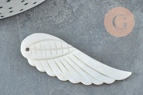 Pendentif aile nacre blanche naturelle 49mm, x1 (G3875)