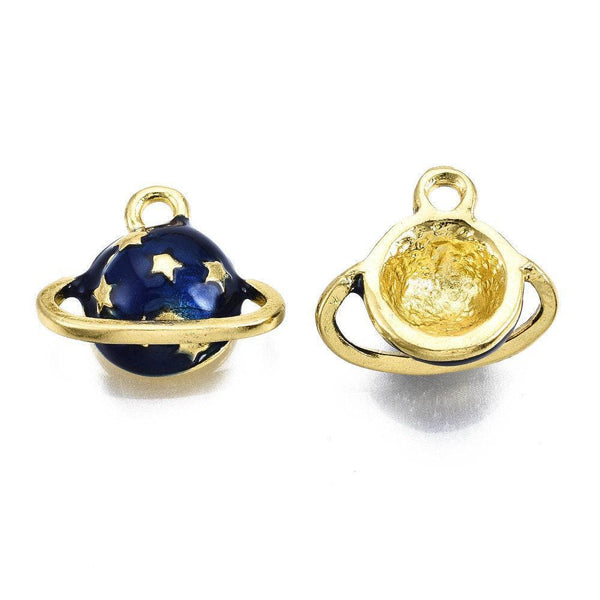 Pendentif boule planète étoiles émail bleu zamac doré 13mm, pendentif laiton émaillé,sans nickel, x1 G6006