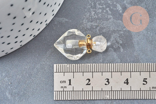 Pendentif bouteille parfum cristal de roche naturel laiton doré 27mm, x1 (G6736)