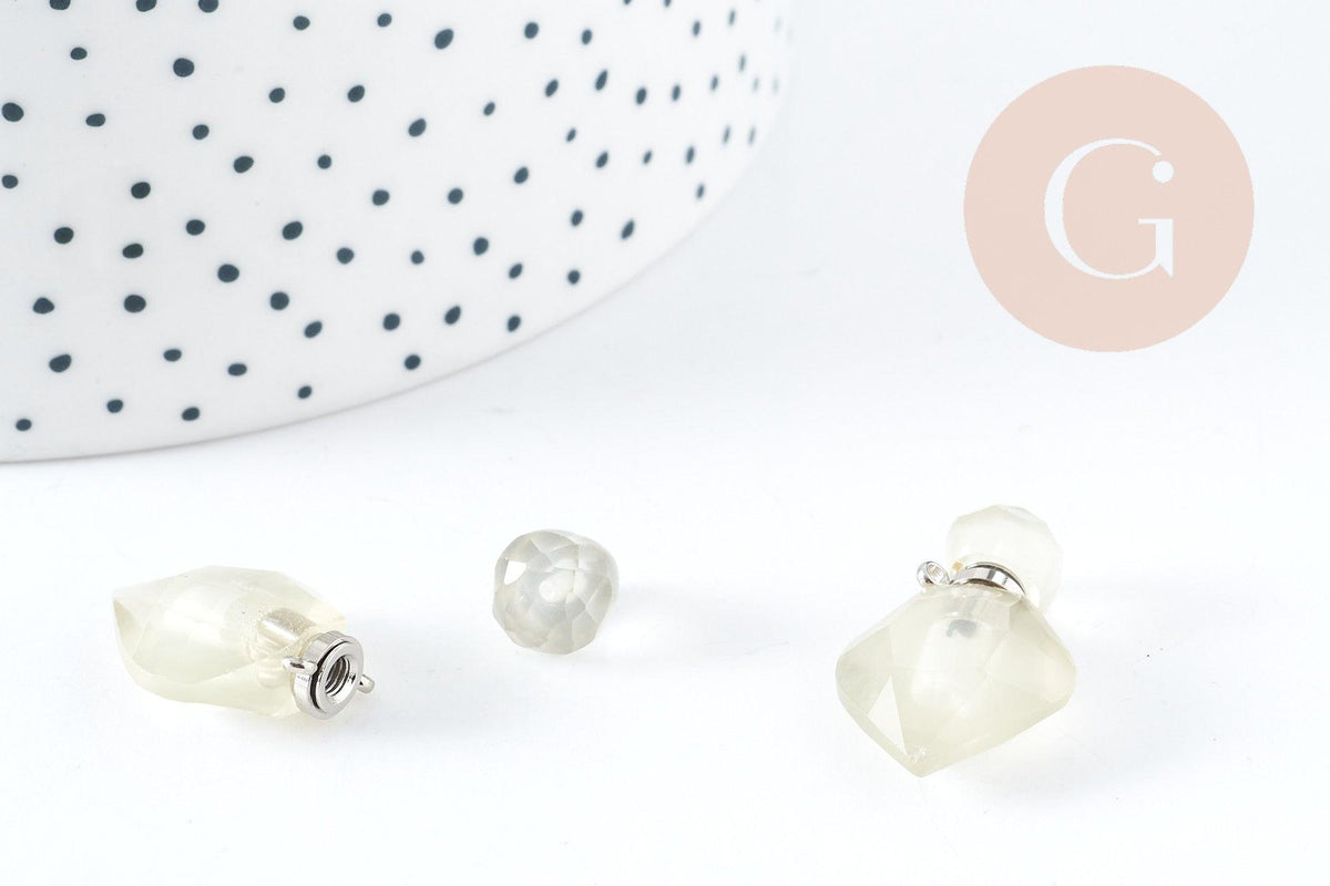 Pendentif bouteille parfum quartz citron naturel laiton platine 27mm, x1 (G9105)