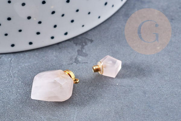 Pendentif bouteille parfum quartz rose naturel laiton 27mm, x1 (G8633)