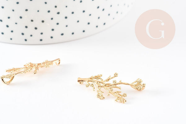 Pendentif branche feuille laiton doré 18K 37.5mm, x1 (G3566)