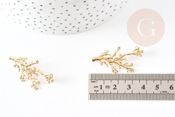 Pendentif branche feuille laiton doré 18K 37.5mm, x1 (G3566)