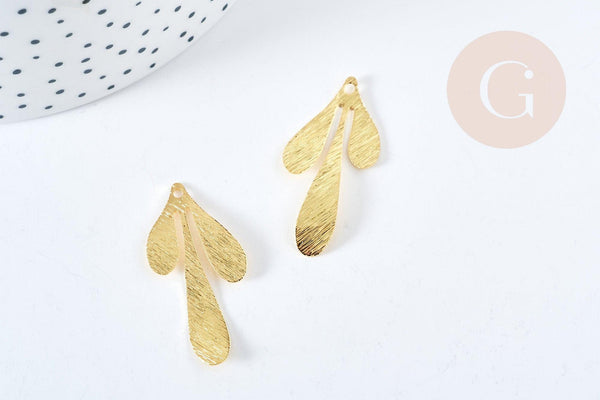 Pendentif branche feuille laiton doré brossé 35.5mm,création bijoux motif végétal, x2 (G8736)