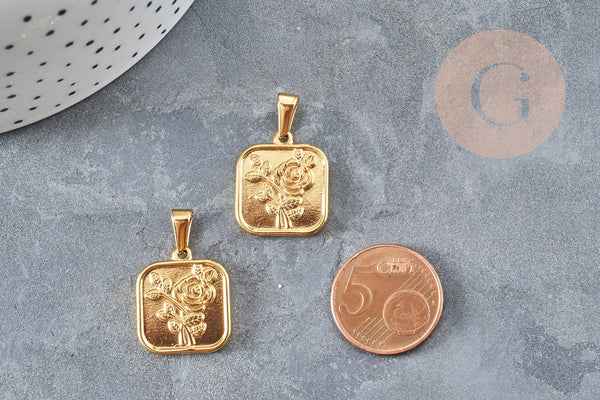 Pendentif carré fleur rose laiton doré 13.5mm, Pendentif pour création bijoux x1 G5020