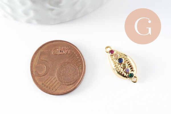 Pendentif cauri laiton doré zircons colorés 15mm, x1 (G4737)