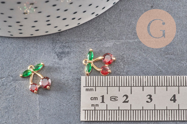 Pendentif cerise doré 18K zircons 14mm, x1 (G5275)
