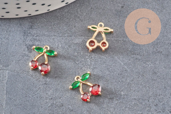 Pendentif cerise doré 18K zircons 14mm, x1 (G5275)