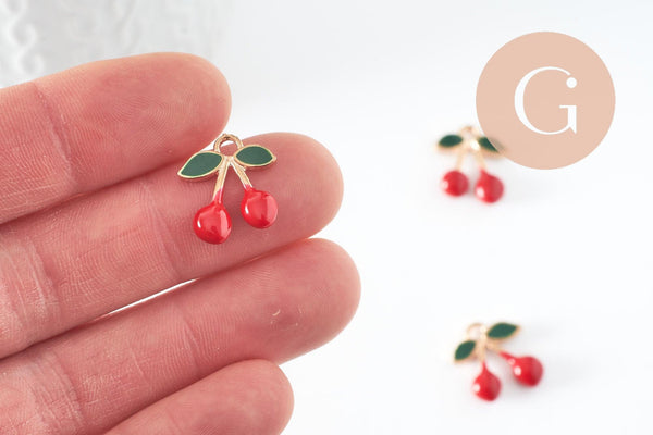 Pendentif cerise doré émaillé rouge,pendentif fruit création bijoux, pendentif doré, 17mm, x5 (G5272)
