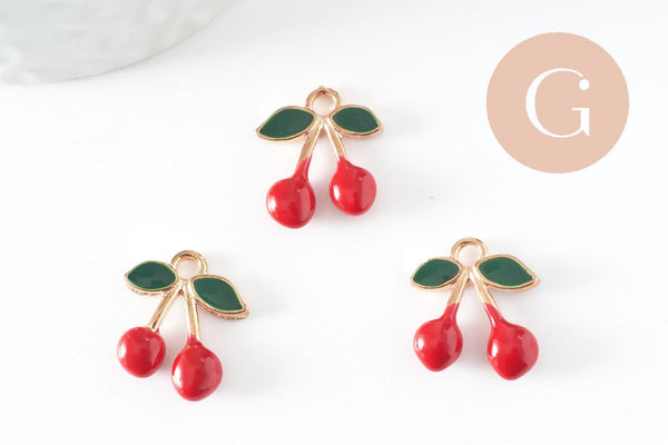 Pendentif cerise doré émaillé rouge,pendentif fruit création bijoux, pendentif doré, 17mm, x5 (G5272)