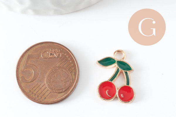 Pendentif cerise zamac doré émaillé rouge 18mm,pendentif fruit création bijoux, x1 (G3513)