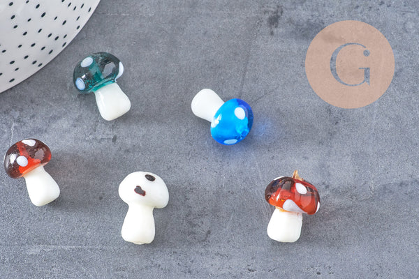Pendentif champignon en verre tchèque 19mm, x5 (G4585)
