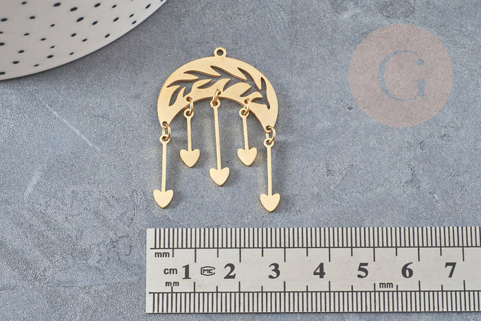 Pendentif chandelier feuillet coeurs acier doré 40mm, breloque acier inoxydable doré, pendentif sans nickel, création bijoux, x1 G6188