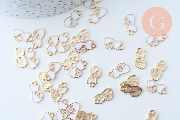 Pendentif chat zamac doré émail blanc 12mm, x5 (G6100)