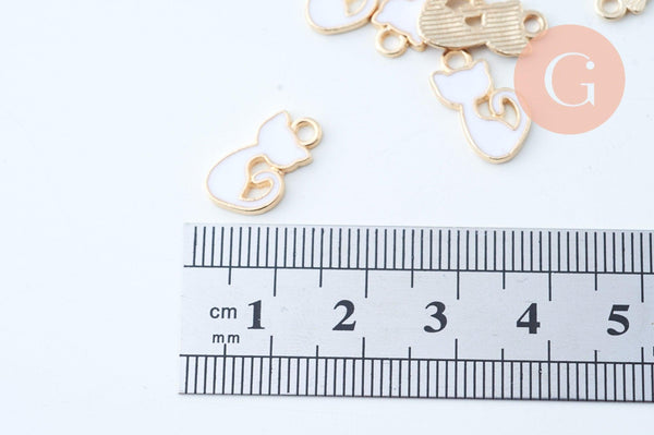 Pendentif chat zamac doré émail blanc 12mm, x5 (G6100)