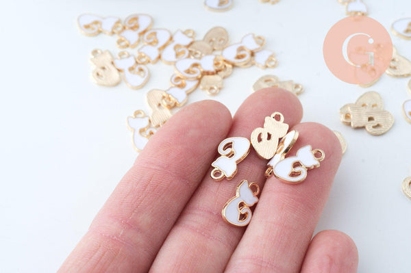 Pendentif chat zamac doré émail blanc 12mm, x5 (G6100)