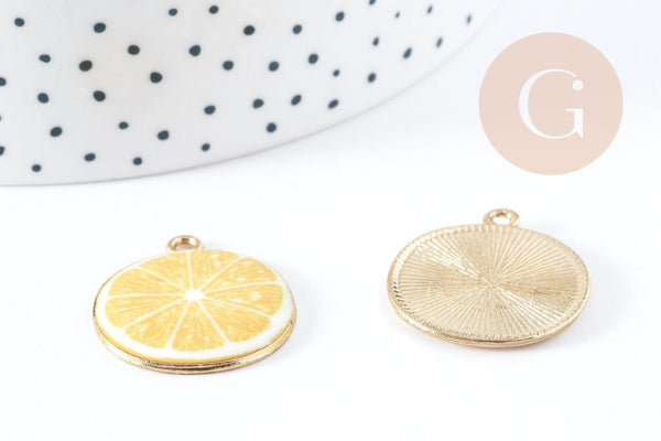 Pendentif citron émail jaune zamac doré 26mm, x1 (G8943)