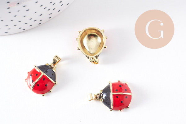 Pendentif coccinelle laiton doré émaillé rouge 20.5mm, x1 (G10306)