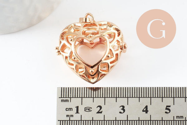 Pendentif coeur Bola harmony carillon laiton doré, bijoux de création grossesse, Vendu sans carillon, 35mm, x1 (G5974)