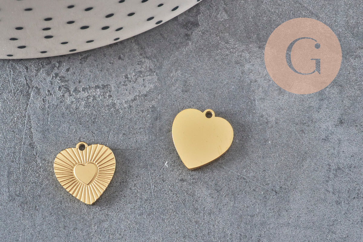 Pendentif coeur acier 316 inoxydable doré IP 12mm, x1 (G11360)-Breloques et pendentifs-Gingerlily Perles