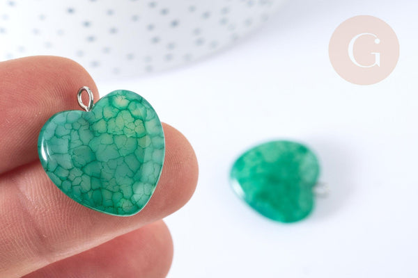 Pendentif cœur agate brésilienne vert foncé fer argenté 22mm, création bijoux pierre naturelle, x1 G7927