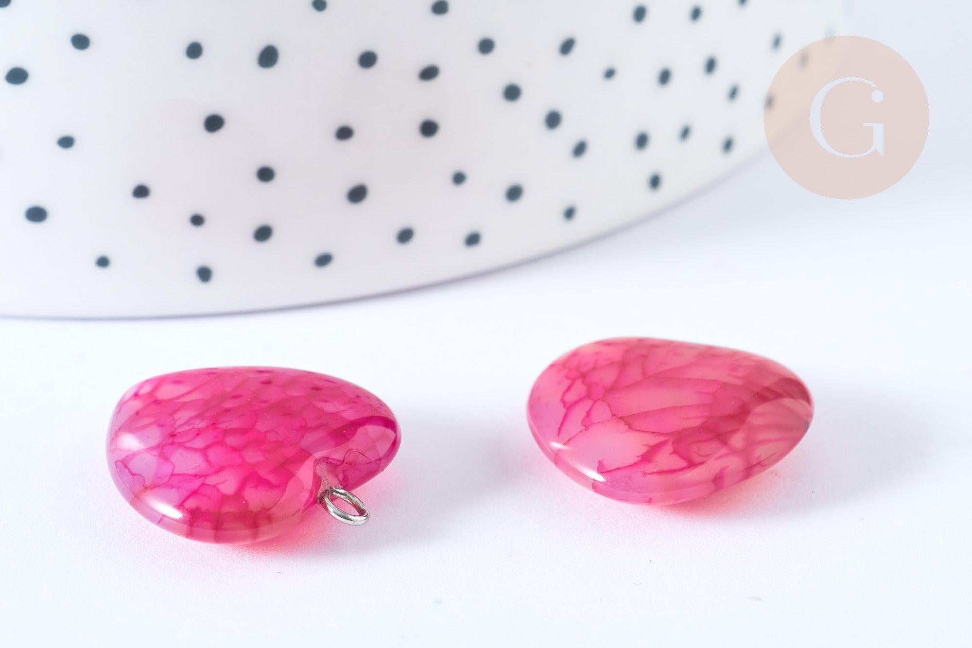 Pendentif cœur agate craquelée brésilienne violet-rose fer argenté 22mm, x1 G7926