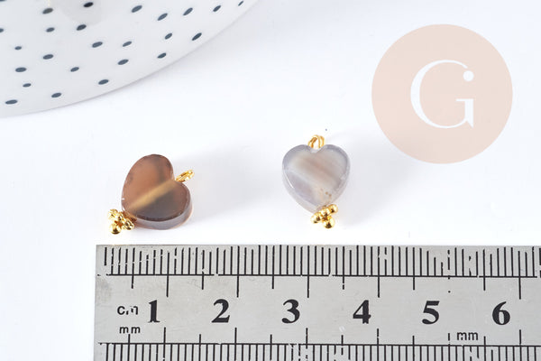 Pendentif cœur agate grise naturelle laiton doré 15.5mm, x1 (G8645)