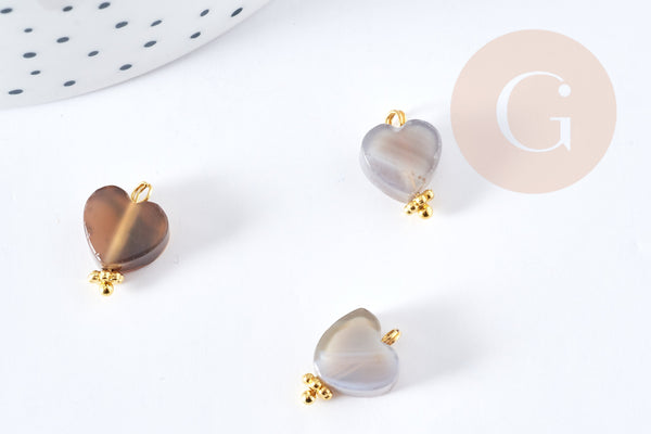 Pendentif cœur agate grise naturelle laiton doré 15.5mm, x1 (G8645)