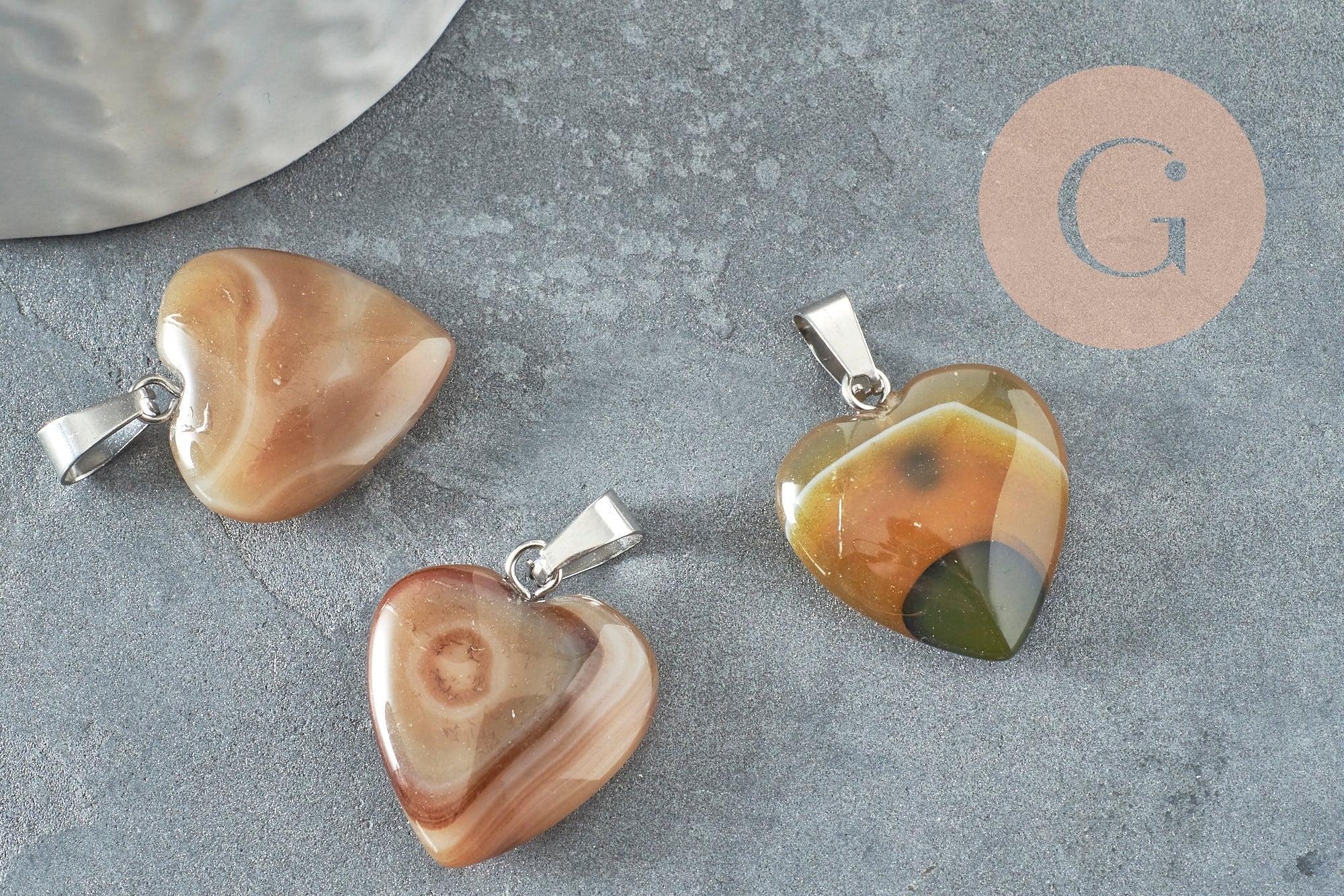 Pendentif coeur agate jaune acier argenté, pendentif pierre agate naturelle jaune,création bijoux en pierre naturelle, 23mm, x1 G3989