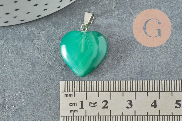 Pendentif coeur agate naturelle verte acier inoxydable platine 23mm, x1 G3991