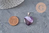 Colgante corazón ágata natural violeta acero plateado 23mm, x1 (G11263)