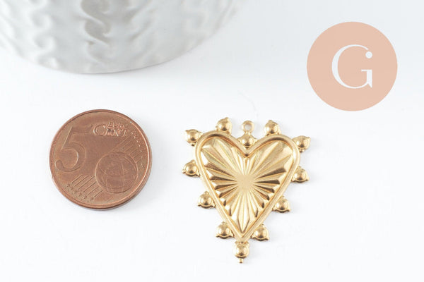 Pendentif coeur boules laiton brut 30mm, un délicat pendentif d'amour, x1 G9755