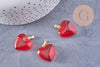 Pendentif coeur doré carats verre rouge transparent fer doré 22mm, x1 (G6207)