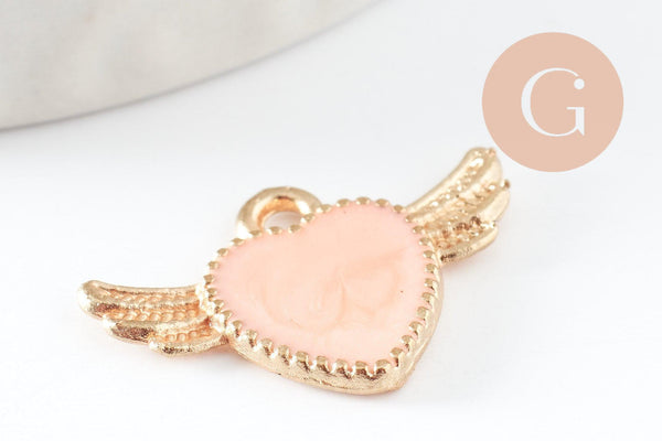 Pendentif coeur email rose doré , fournitures créatives, pendentif coeur aile,creation bijoux,coeur doré, pendentif doré,21mm,x 5 (G0104)