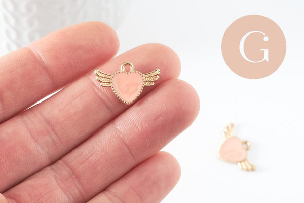 Pendentif coeur email rose doré , fournitures créatives, pendentif coeur aile,creation bijoux,coeur doré, pendentif doré,21mm,x 5 (G0104)