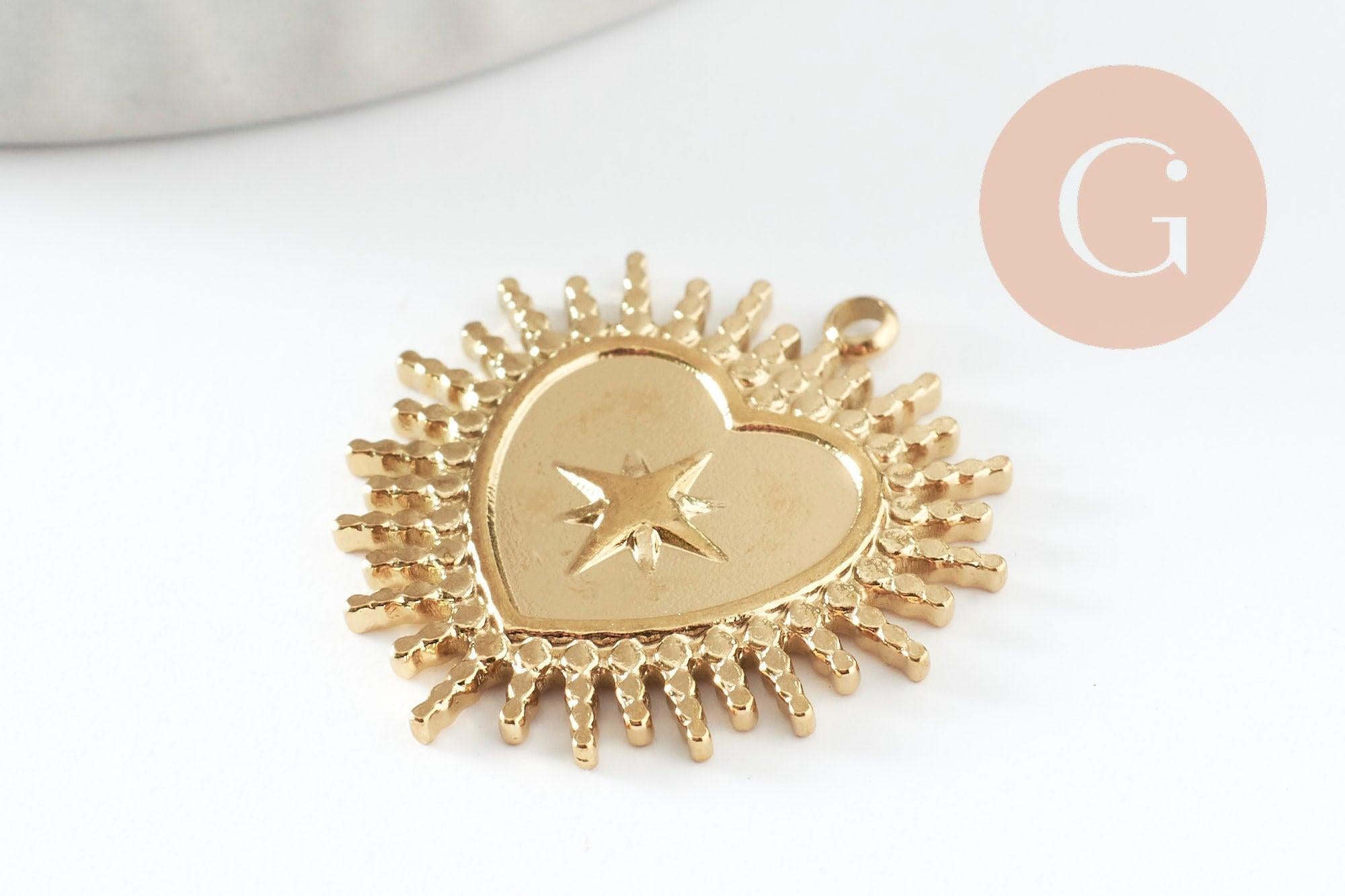 Pendentif coeur ex-voto acier 304 inoxydable doré 14K 14.5mm, x1 (G9580)