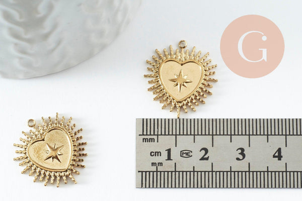 Pendentif coeur ex-voto acier 304 inoxydable doré 14K 14.5mm, x1 (G9580)