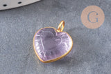 Pendentif coeur gravé pierre naturelle rose naturel argent 925 doré 18K 14mm, x1 (G10843)
